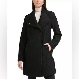 Kenneth Cole Asymmetrical Bouclé Walker Coat Size Small Black Pockets